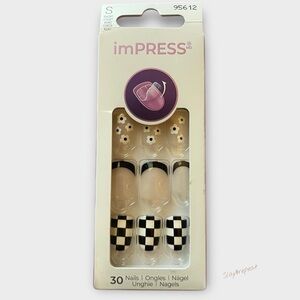 imPRESS Short Press-On Nails Checkerboard Daisy French Tip Black White- 30nails